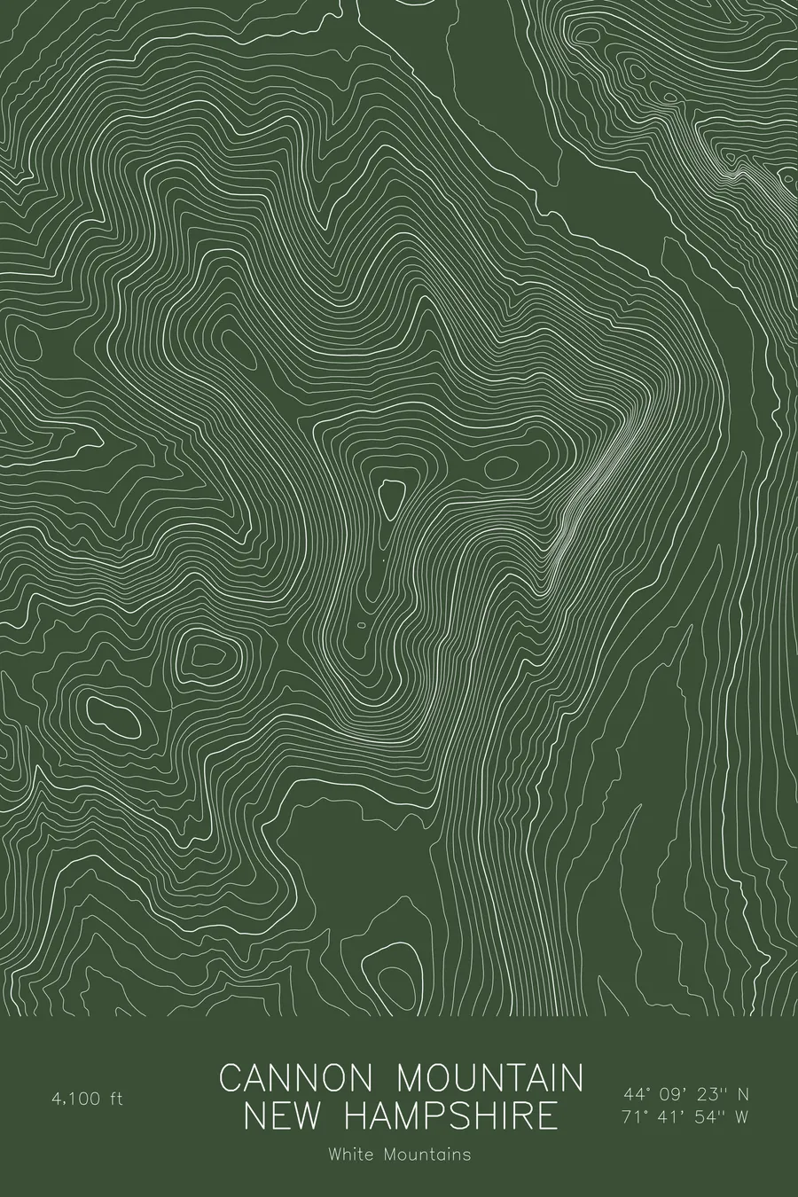 Pen-plotted topographic map of Cannon Mountain, New Hampshire in white ink on green paper