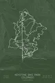 Pen-plotted mountain bike trail map of Keystone Bike Park, Colorado in white ink on green paper
