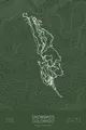 Pen-plotted mountain bike trail map of Snowmass Bike Park, Colorado in white ink on green paper