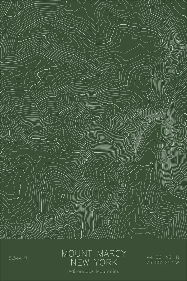Pen-plotted topographic map of Mount Marcy, New York in white ink on green paper