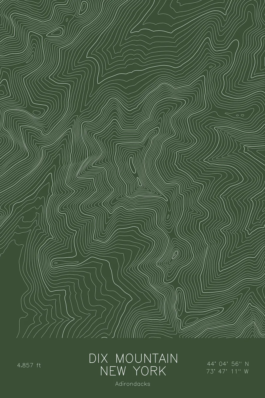 Pen-plotted topographic map of Dix Mountain, New York in white ink on green paper