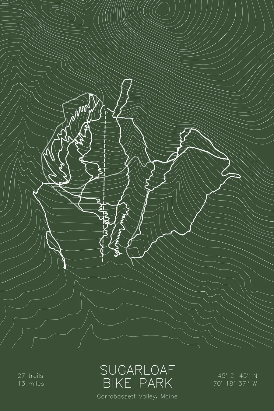 Pen-plotted mountain bike trail map of Sugarloaf Bike Park, Maine in white ink on green paper