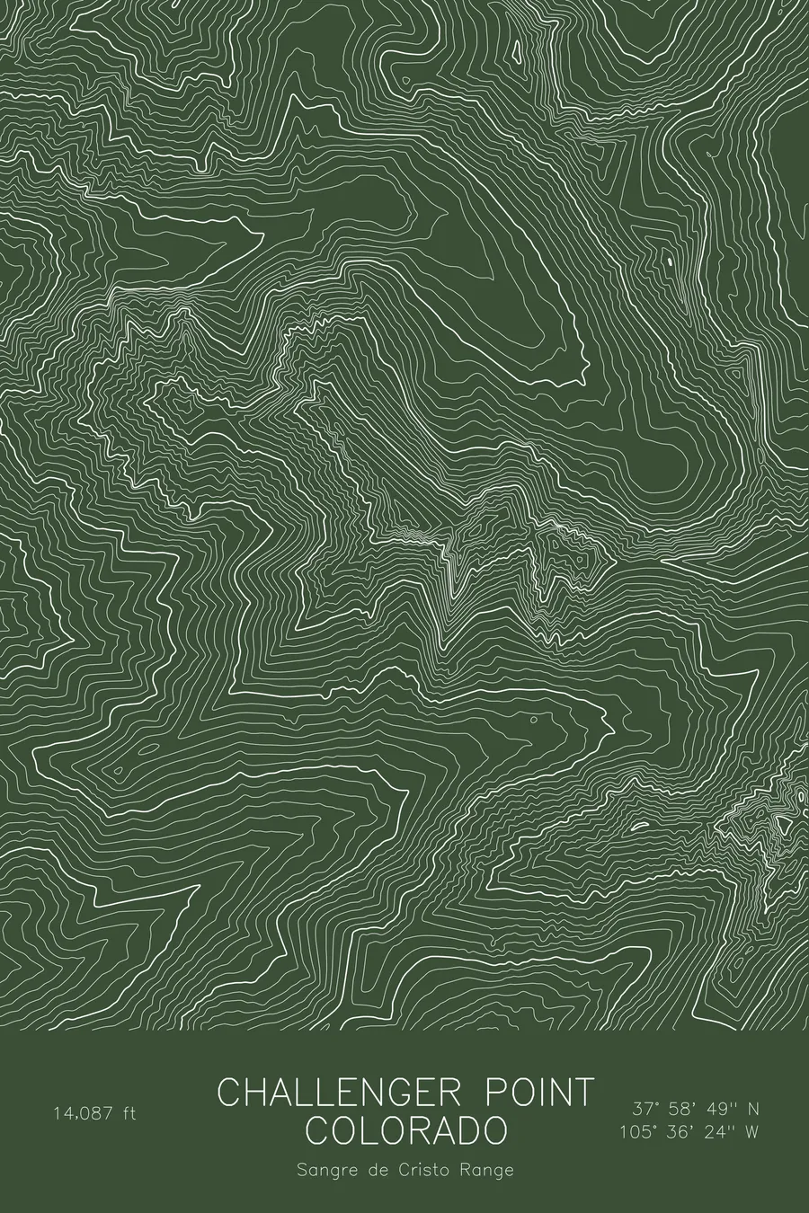 Pen-plotted topographic map of Challenger Point, Colorado in white ink on green paper