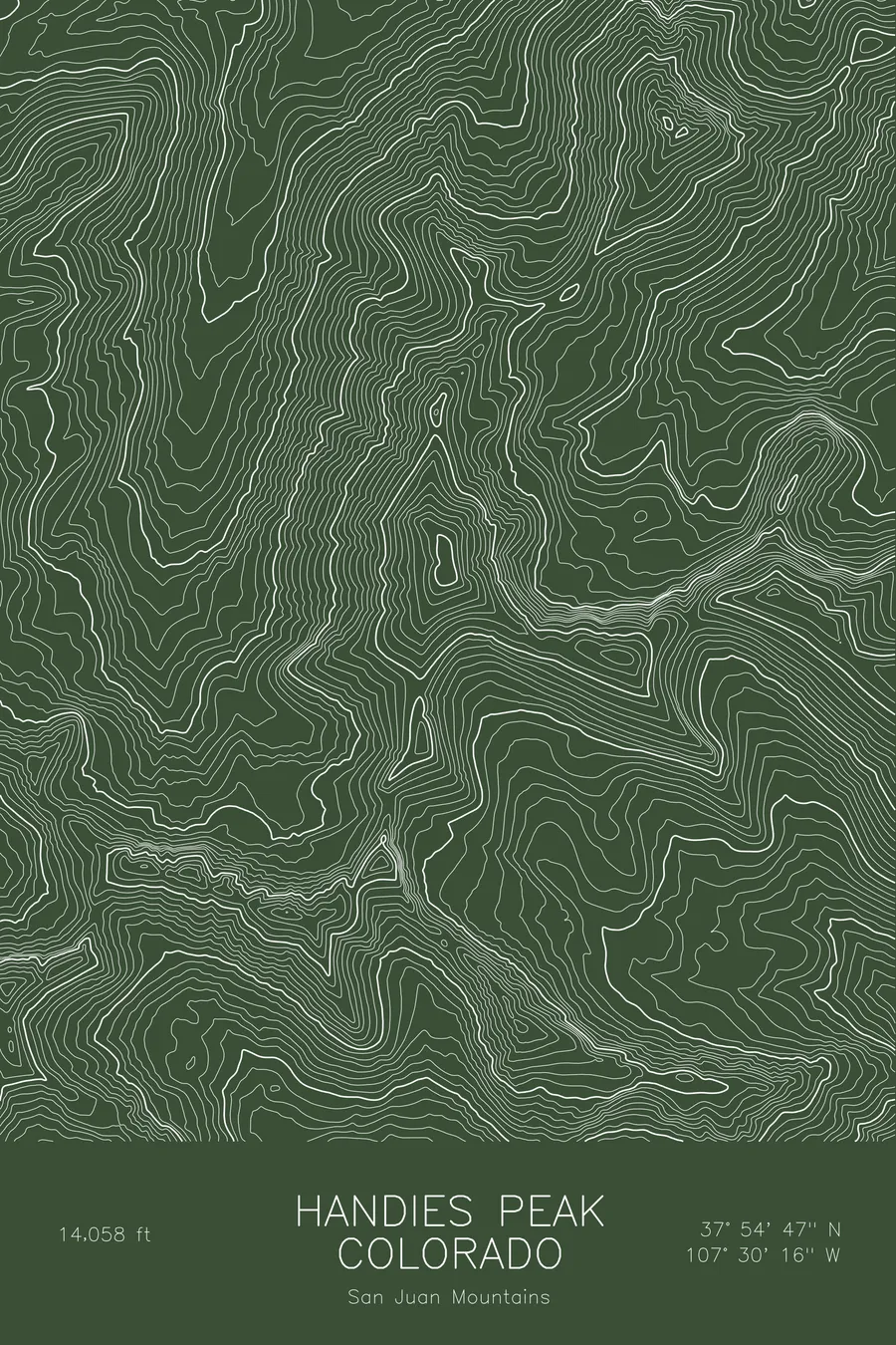 Pen-plotted topographic map of Handies Peak, Colorado in white ink on green paper