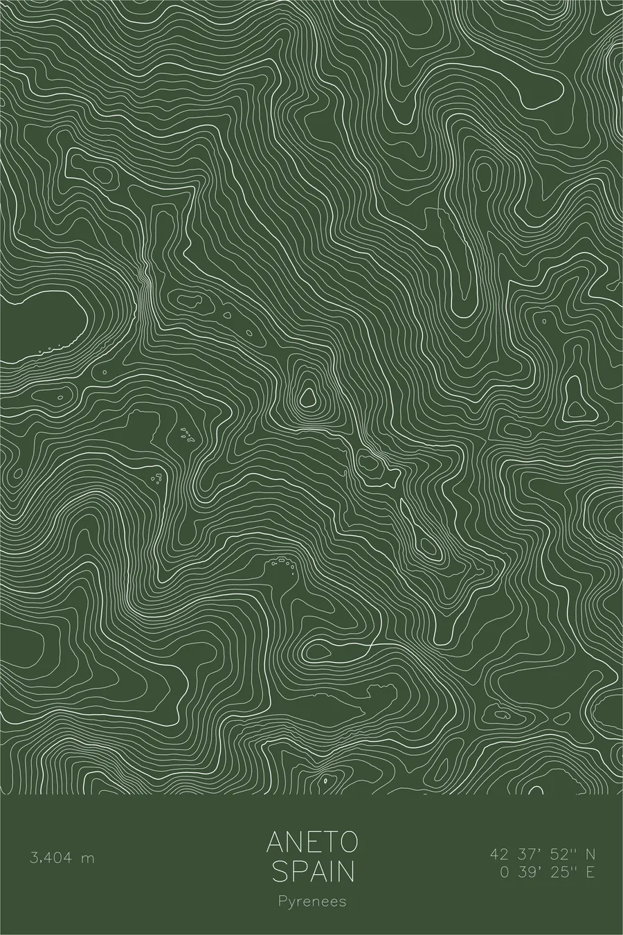 Pen-plotted topographic map of Aneto, Spain in white ink on green paper