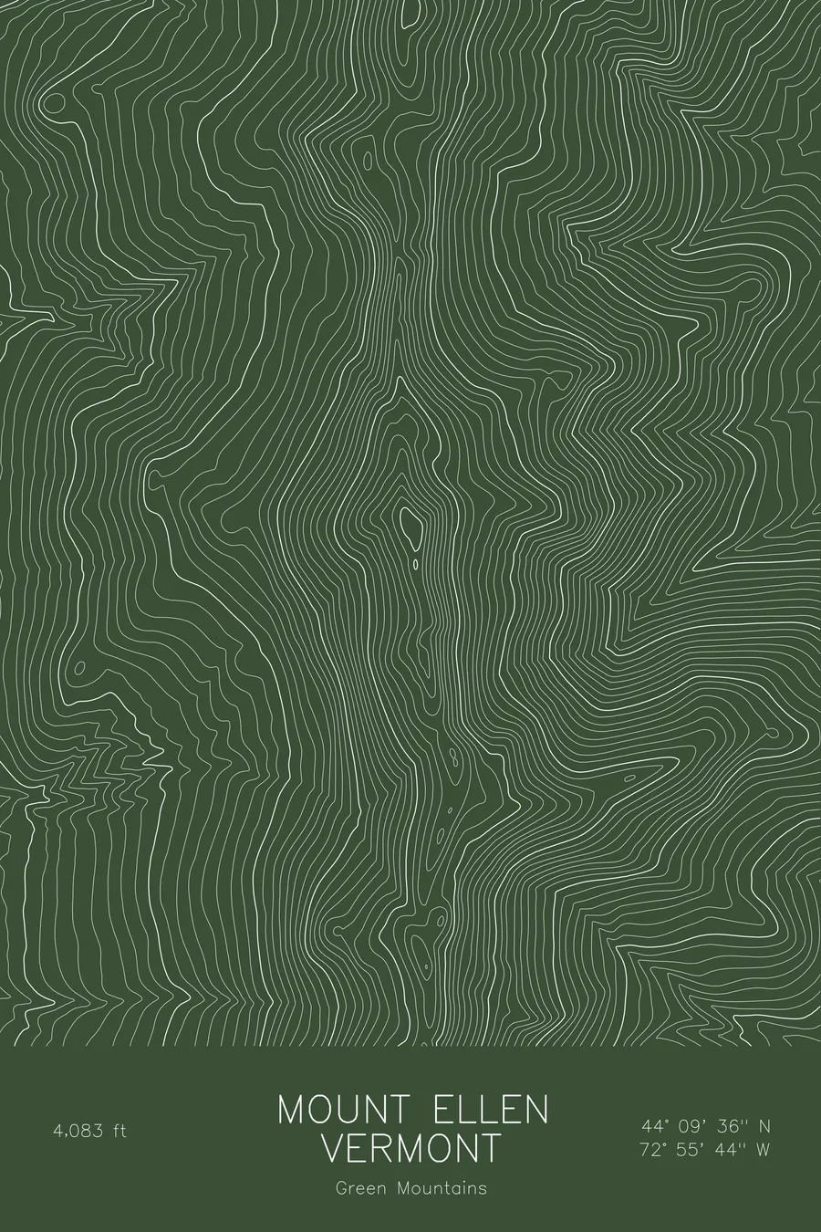 Pen-plotted topographic map of Mount Ellen, Vermont in white ink on green paper