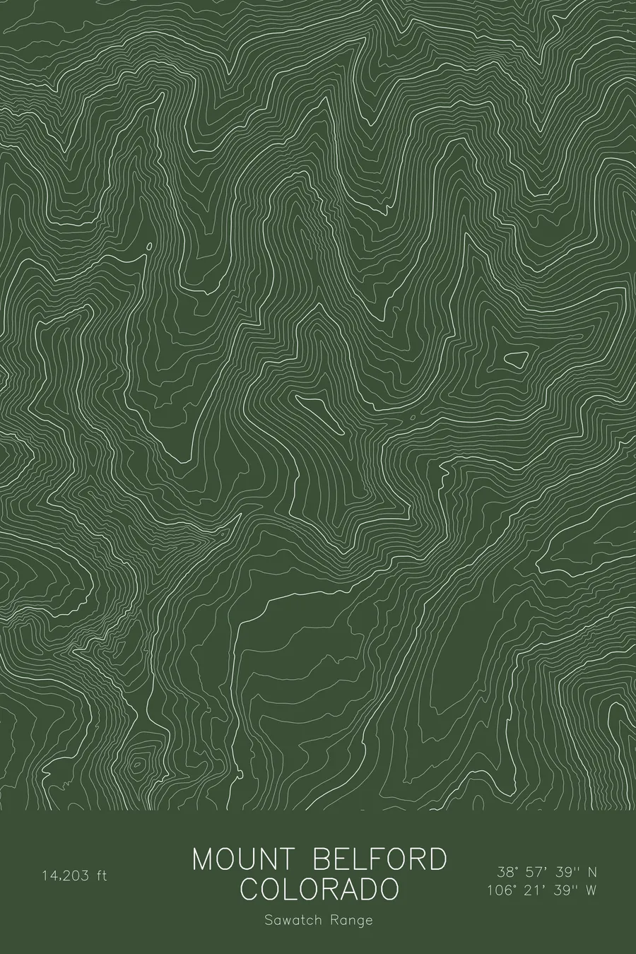 Pen-plotted topographic map of Mount Belford, Colorado in white ink on green paper