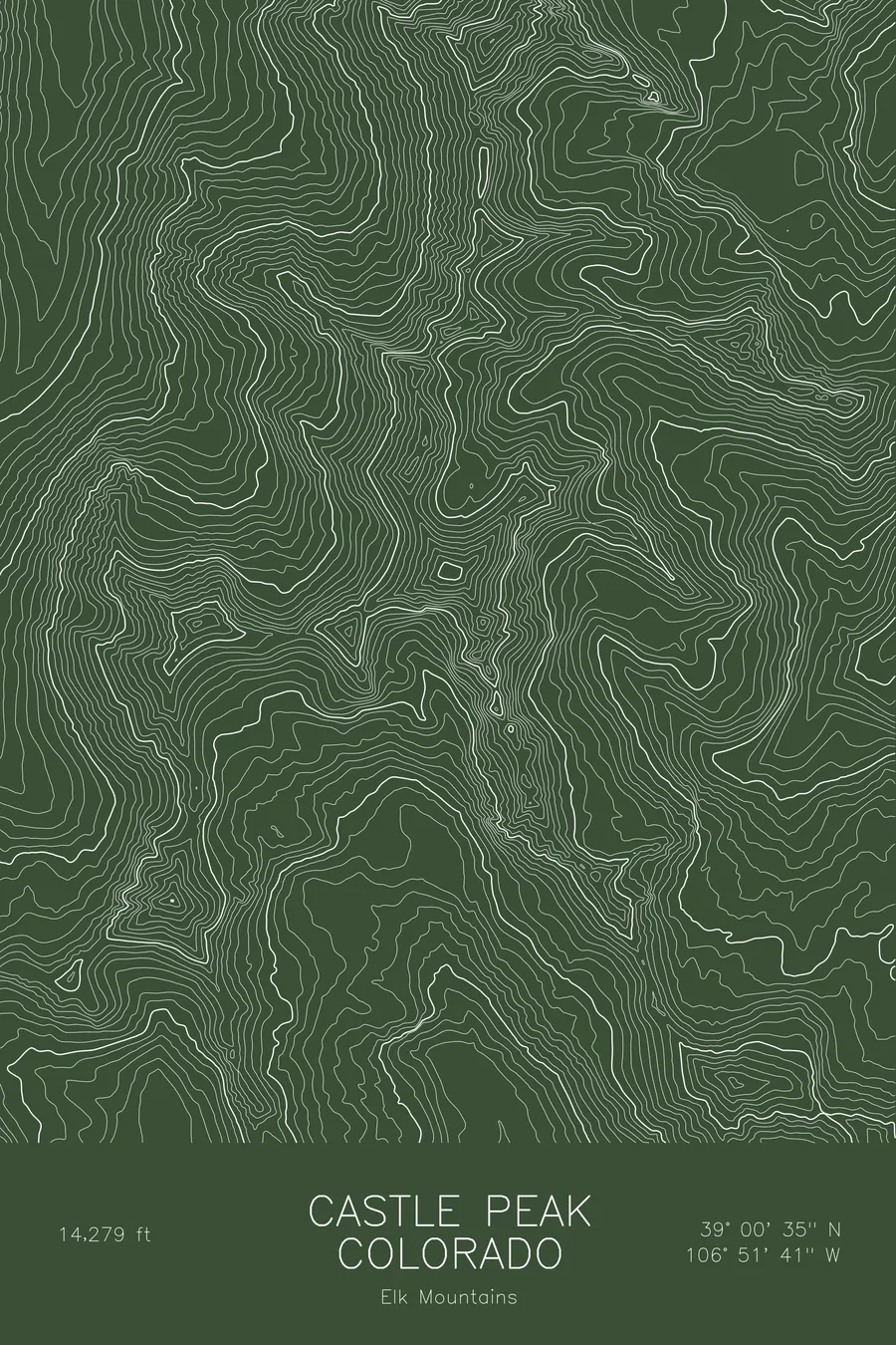 Pen-plotted topographic map of Castle Peak, Colorado in white ink on green paper