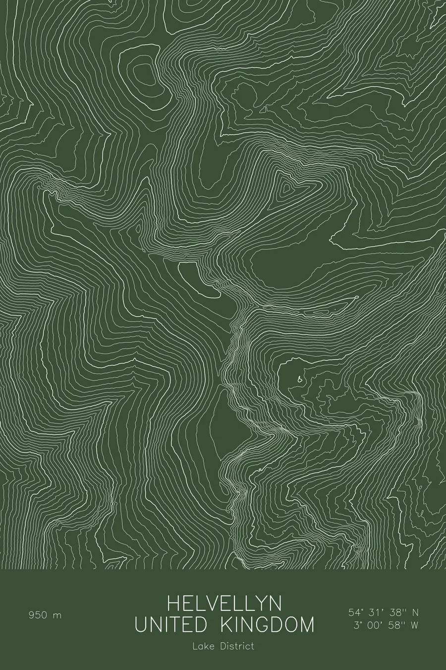 Pen-plotted topographic map of Helvellyn, United Kingdom in white ink on green paper