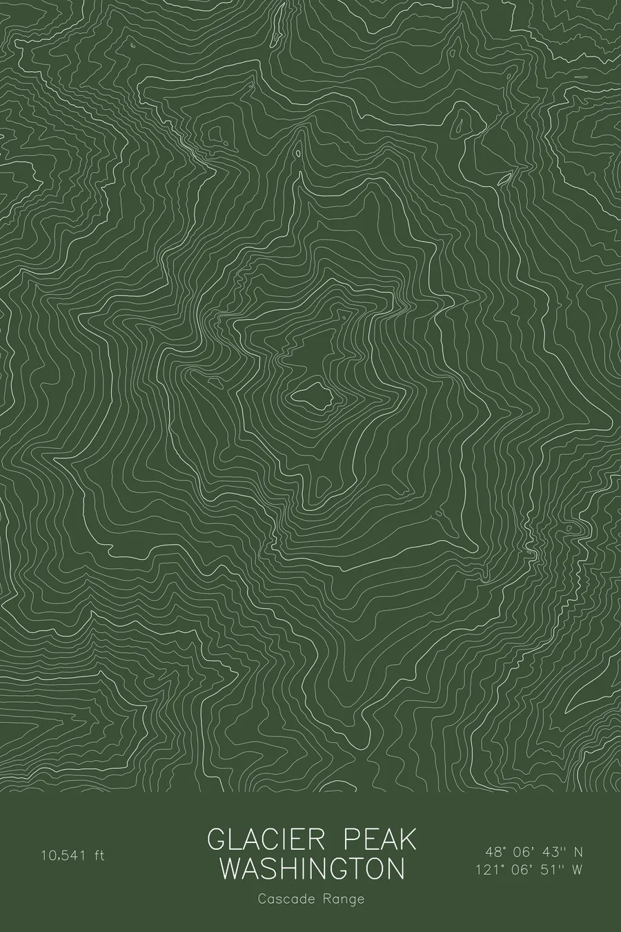 Pen-plotted topographic map of Glacier Peak, Washington in white ink on green paper