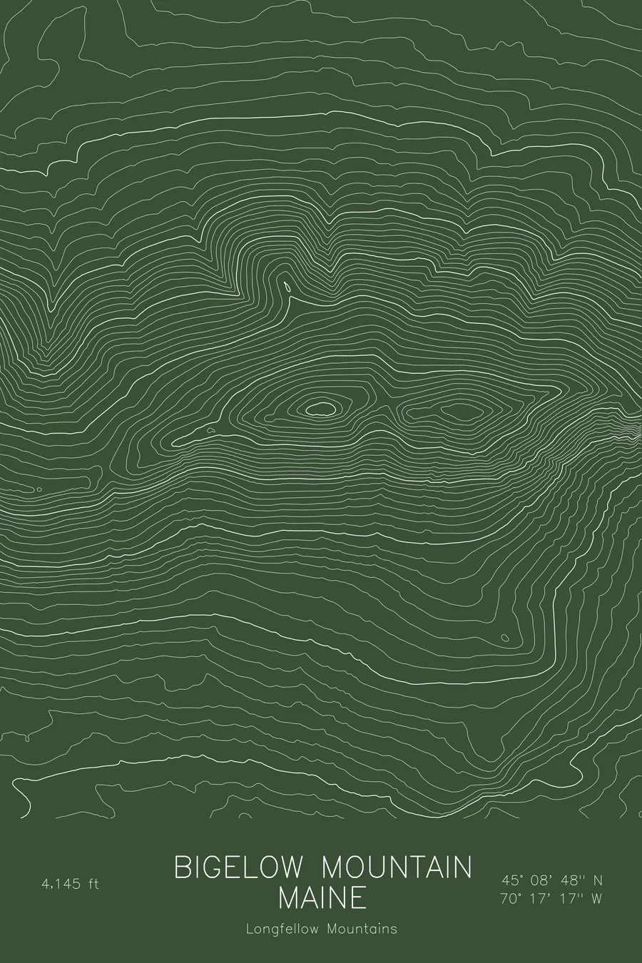 Pen-plotted topographic map of Bigelow Mountain, Maine in white ink on green paper