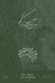 Pen-plotted topographic ski map of Big Bear, California in white ink on green paper