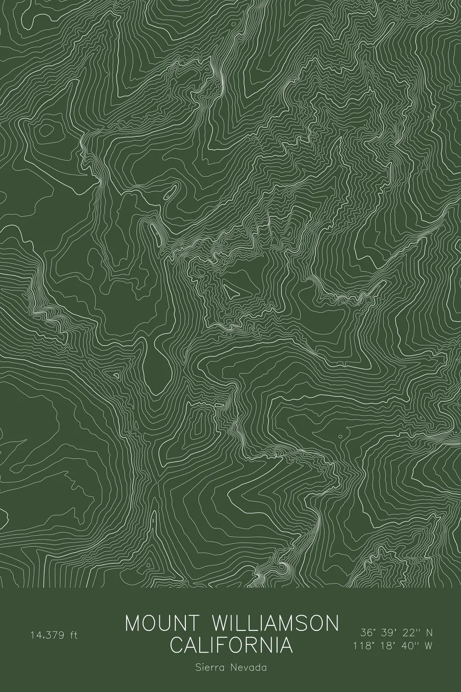 Pen-plotted topographic map of Mount Williamson, California in white ink on green paper