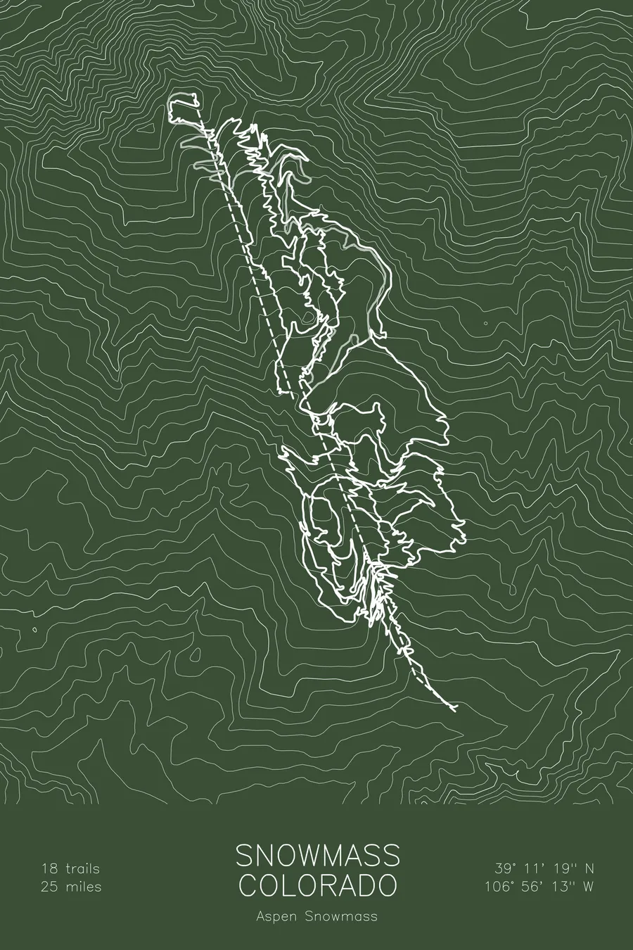 Pen-plotted mountain bike trail map of Snowmass Bike Park, Colorado in white ink on green paper