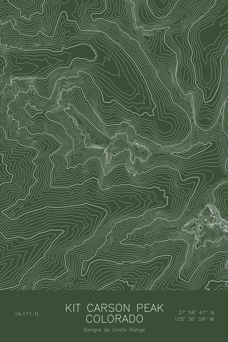 Pen-plotted topographic map of Kit Carson Peak, Colorado in white ink on green paper