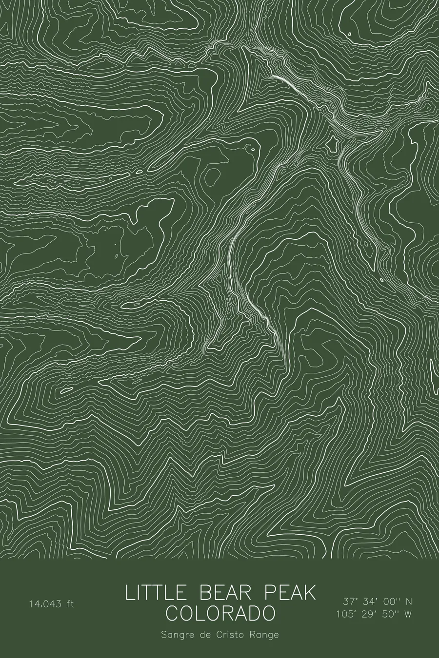 Pen-plotted topographic map of Little Bear Peak, Colorado in white ink on green paper