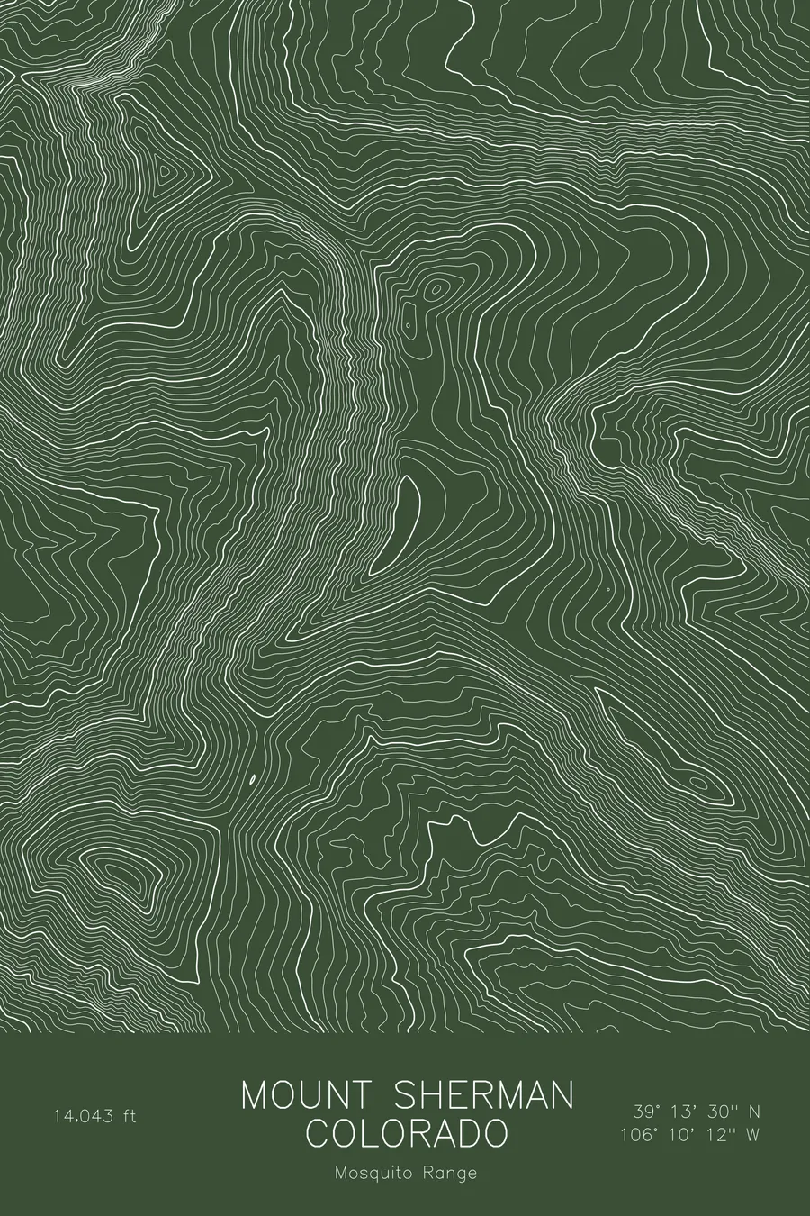 Pen-plotted topographic map of Mount Sherman, Colorado in white ink on green paper