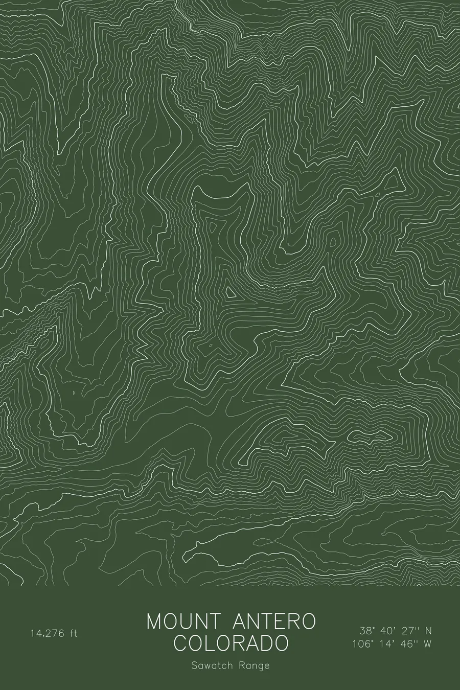 Pen-plotted topographic map of Mount Antero, Colorado in white ink on green paper