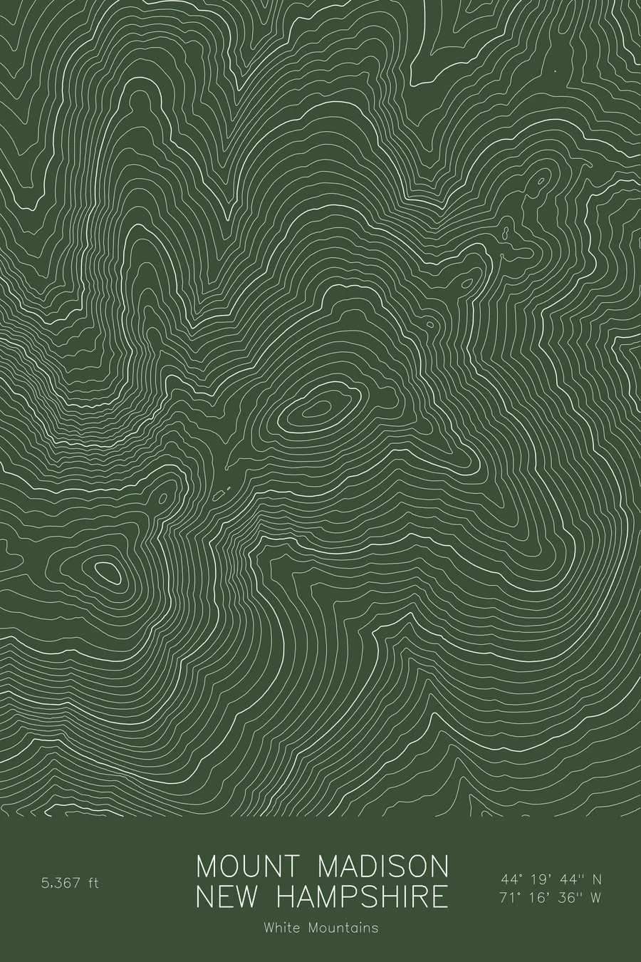 Pen-plotted topographic map of Mount Madison, New Hampshire in white ink on green paper