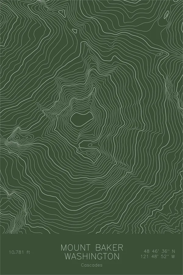 Pen-plotted topographic map of Mount Baker, Washington in white ink on green paper