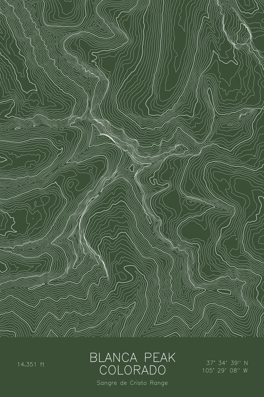 Pen-plotted topographic map of Blanca Peak, Colorado in white ink on green paper