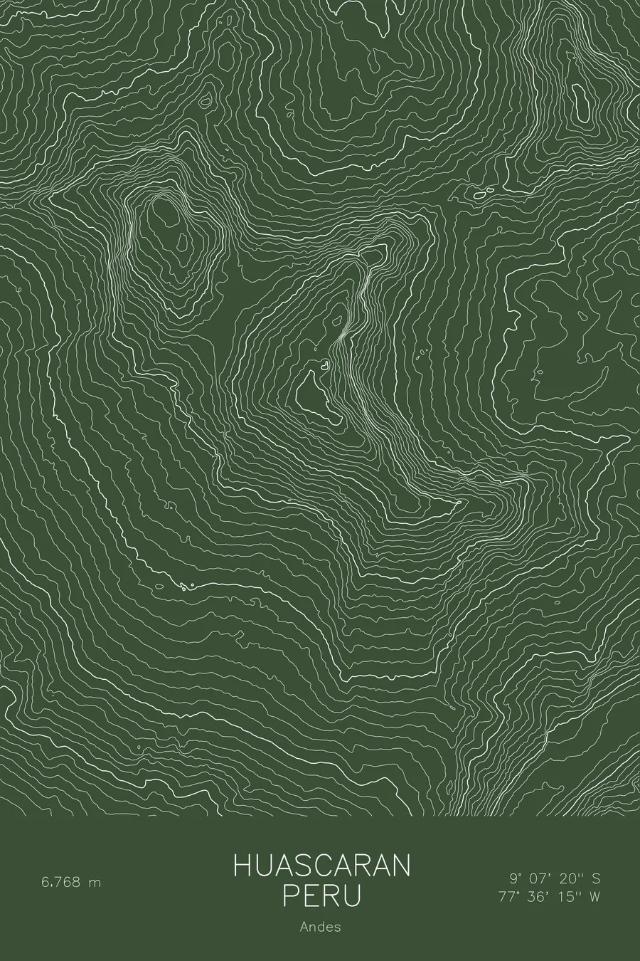 Pen-plotted topographic map of Huascaran, Peru in white ink on green paper