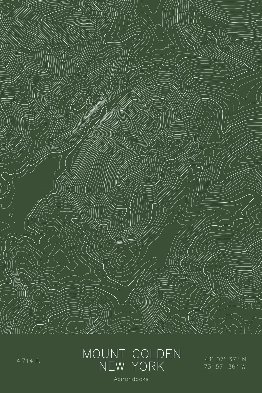Pen-plotted topographic map of Mount Colden, New York in white ink on green paper