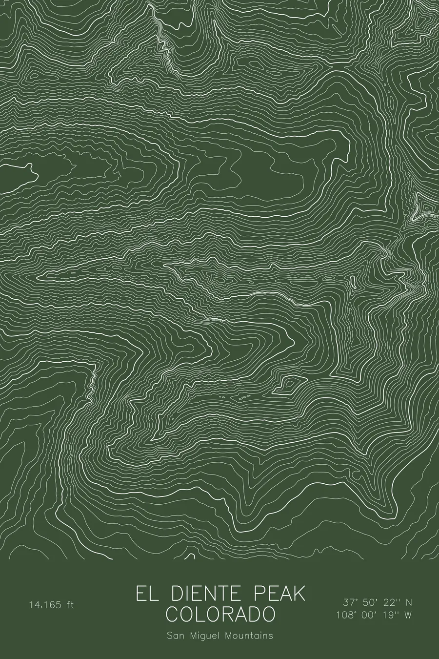 Pen-plotted topographic map of El Diente Peak, Colorado in white ink on green paper