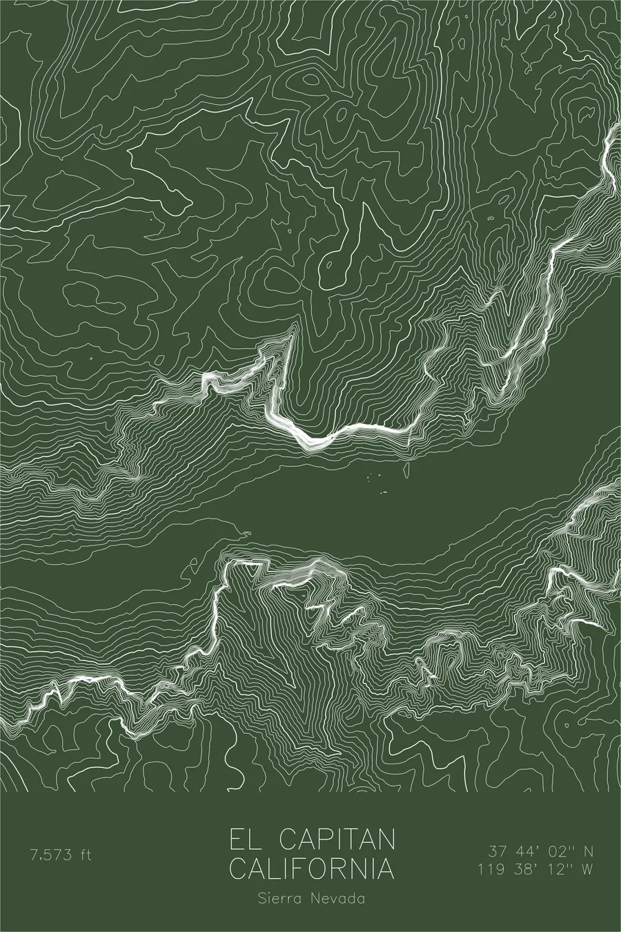 Pen-plotted topographic map of El Capitan, California in white ink on green paper