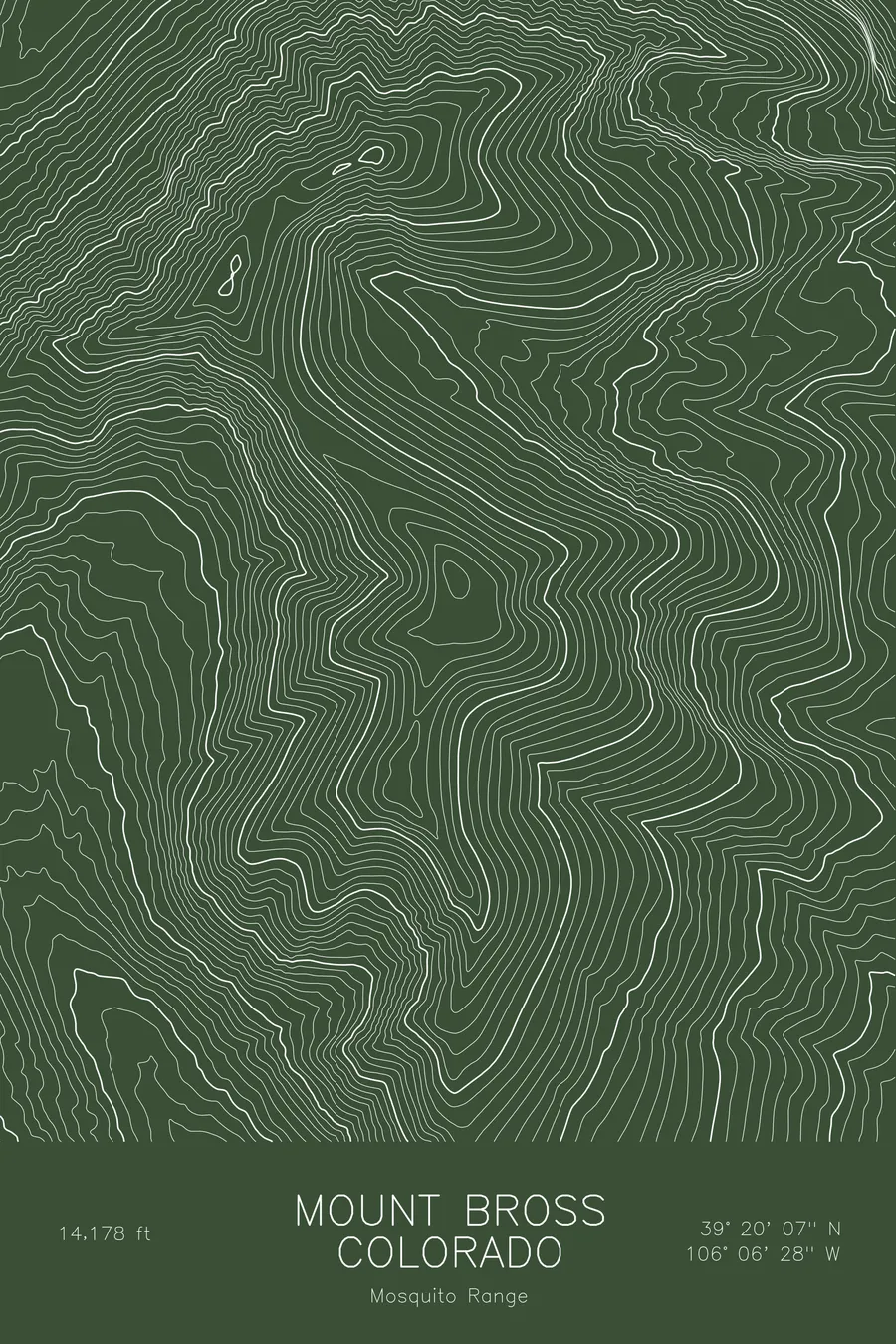 Pen-plotted topographic map of Mount Bross, Colorado in white ink on green paper