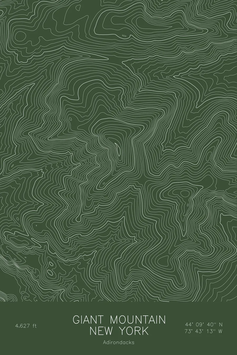 Pen-plotted topographic map of Giant Mountain, New York in white ink on green paper