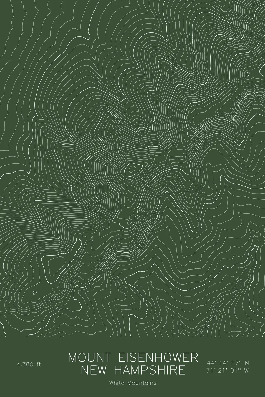 Pen-plotted topographic map of Mount Eisenhower, New Hampshire in white ink on green paper