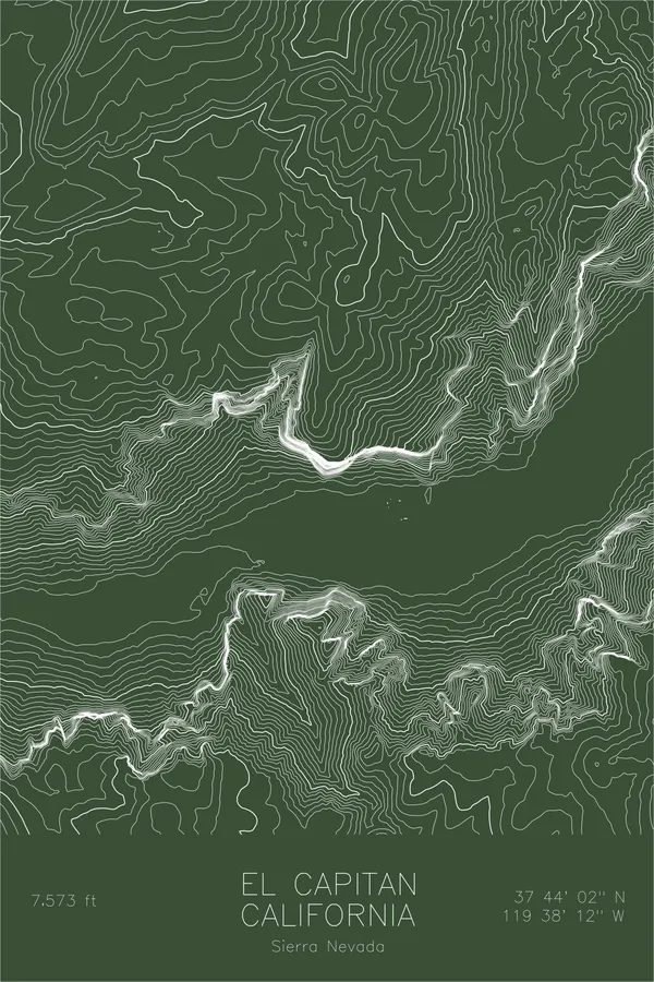 Pen-plotted topographic map of El Capitan, California in white ink on green paper