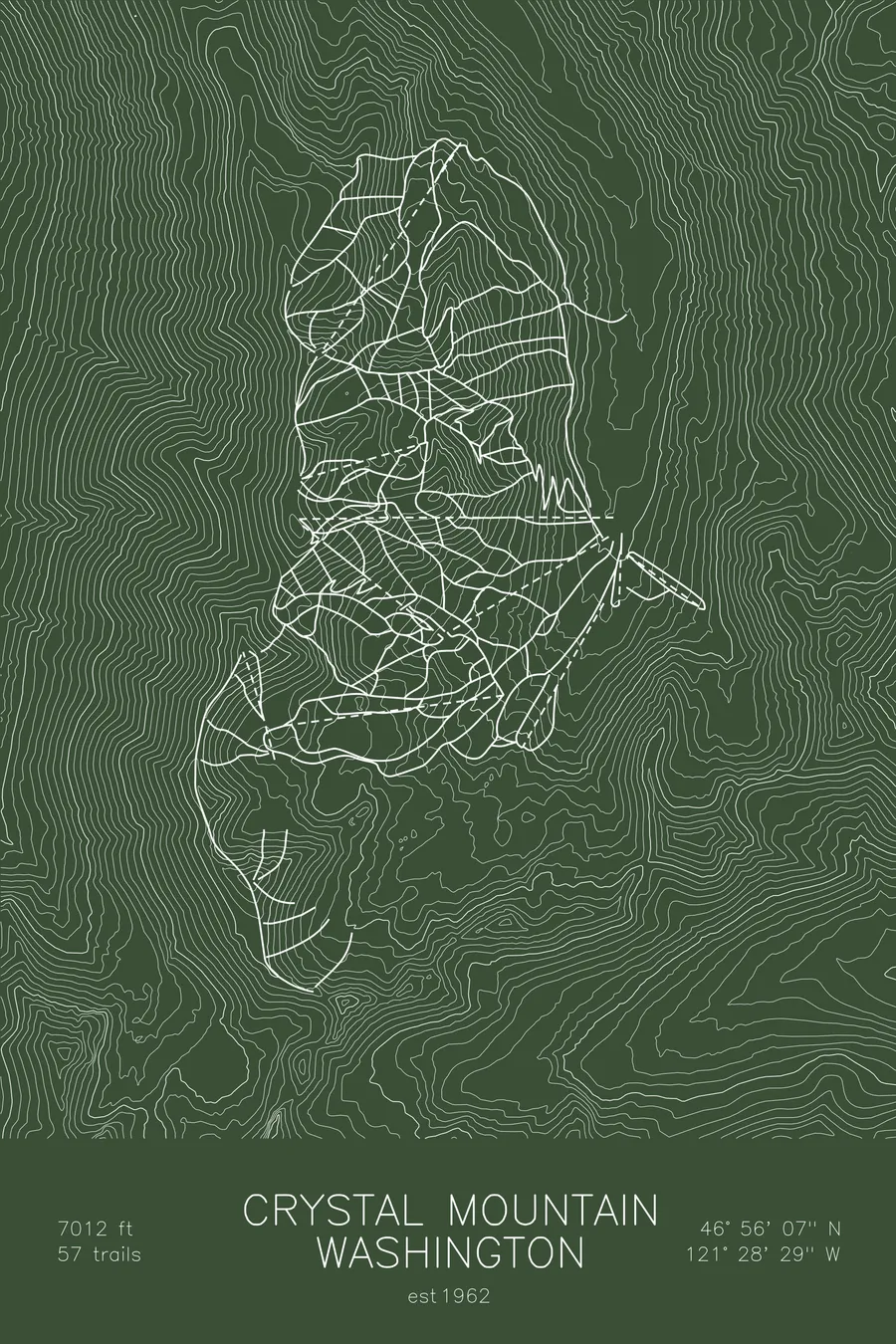 Pen-plotted topographic ski map of Crystal Mountain, Washington in white ink on green paper