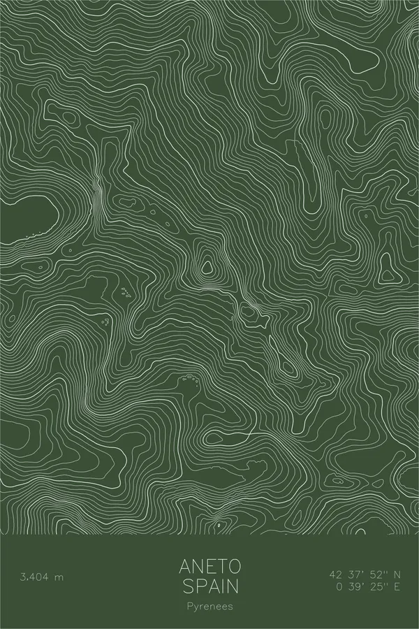 Pen-plotted topographic map of Aneto, Spain in white ink on green paper