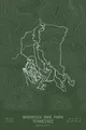 Pen-plotted mountain bike trail map of Windrock Bike Park, Tennessee in white ink on green paper