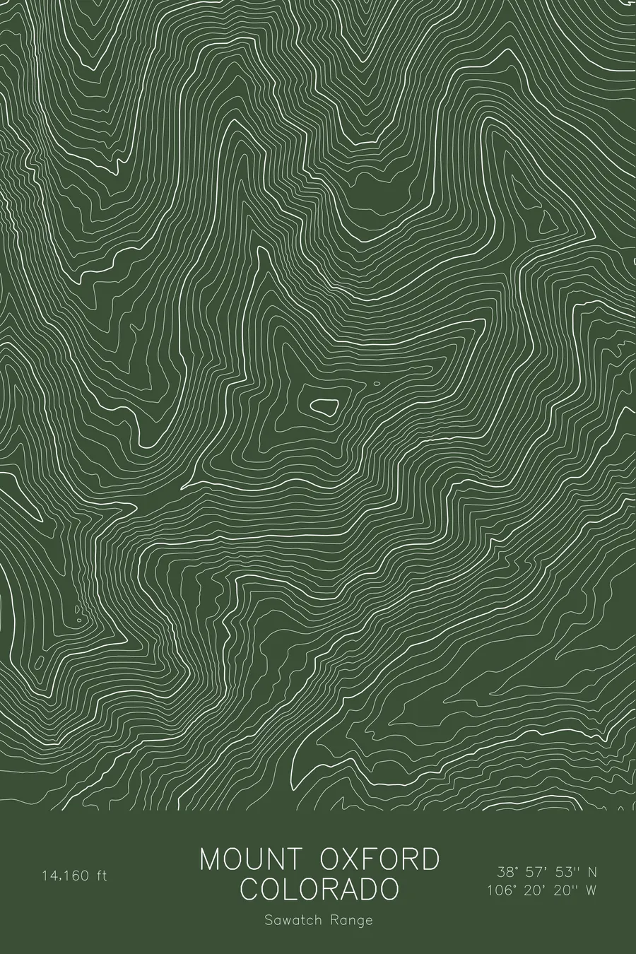 Pen-plotted topographic map of Mount Oxford, Colorado in white ink on green paper