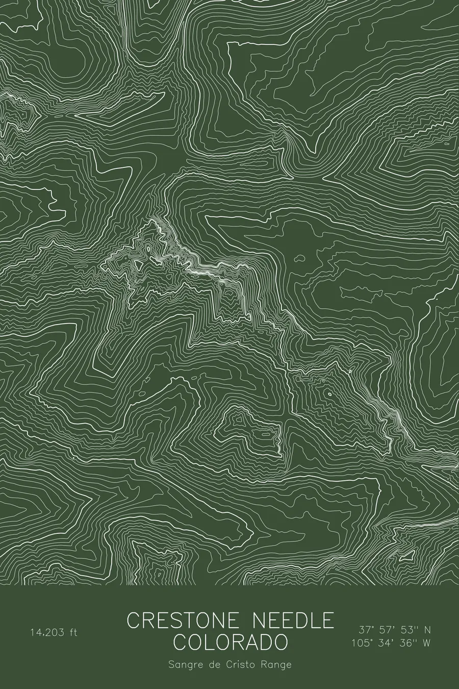 Pen-plotted topographic map of Crestone Needle, Colorado in white ink on green paper