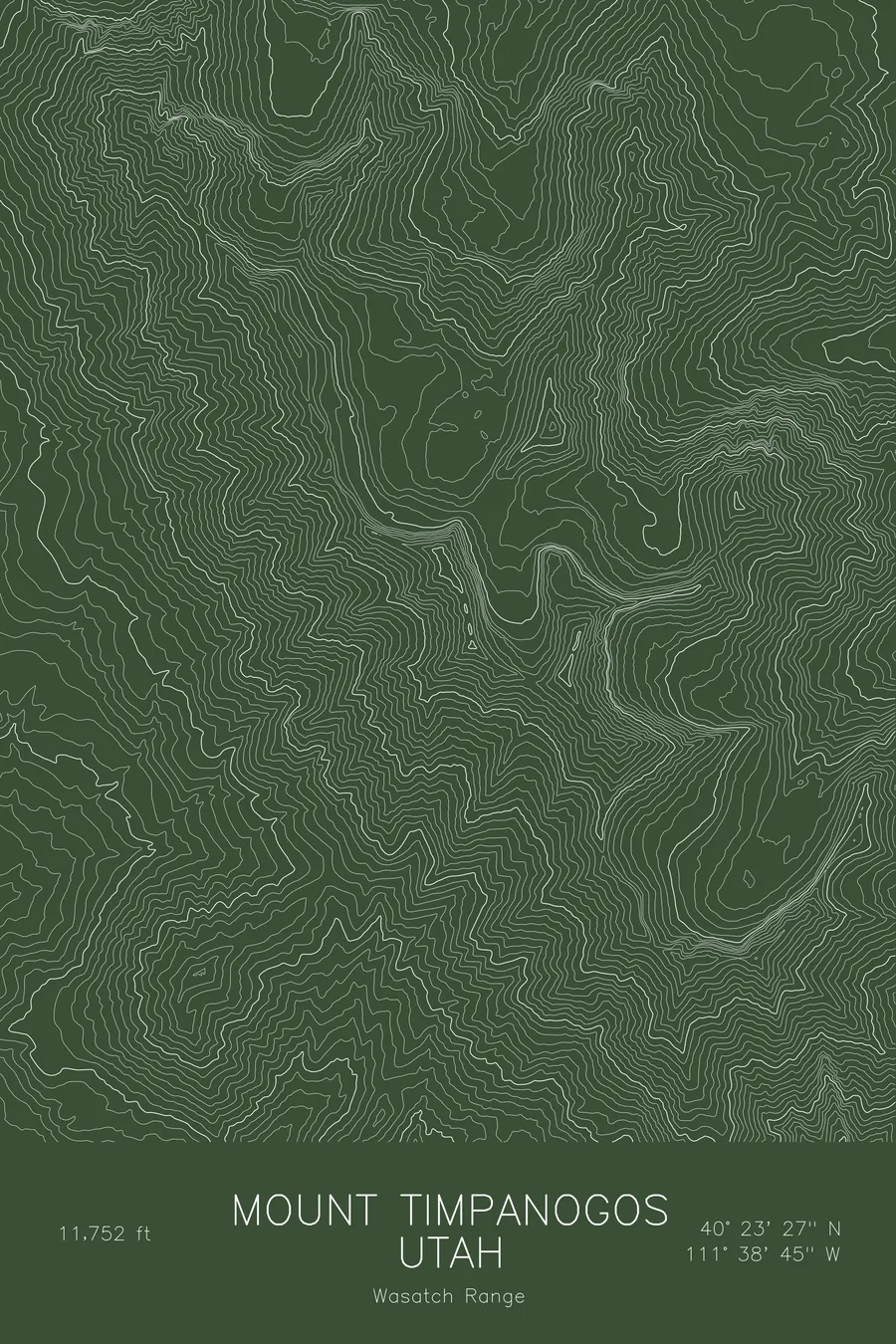 Pen-plotted topographic map of Mount Timpanogos, Utah in white ink on green paper