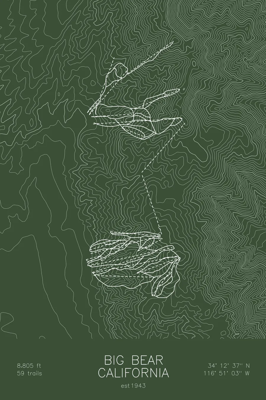 Pen-plotted topographic ski map of Big Bear, California in white ink on green paper