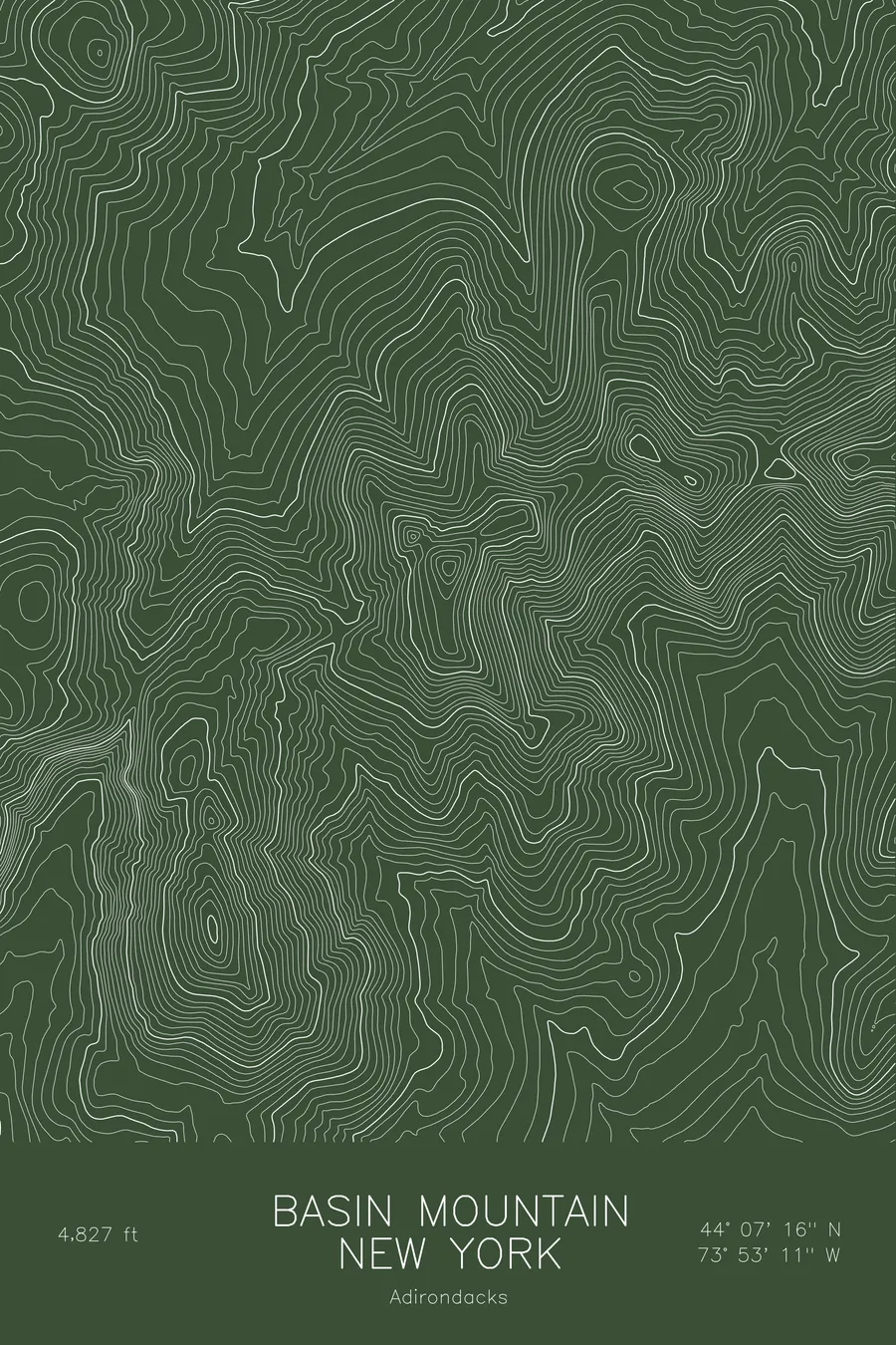 Pen-plotted topographic map of Basin Mountain, New York in white ink on green paper