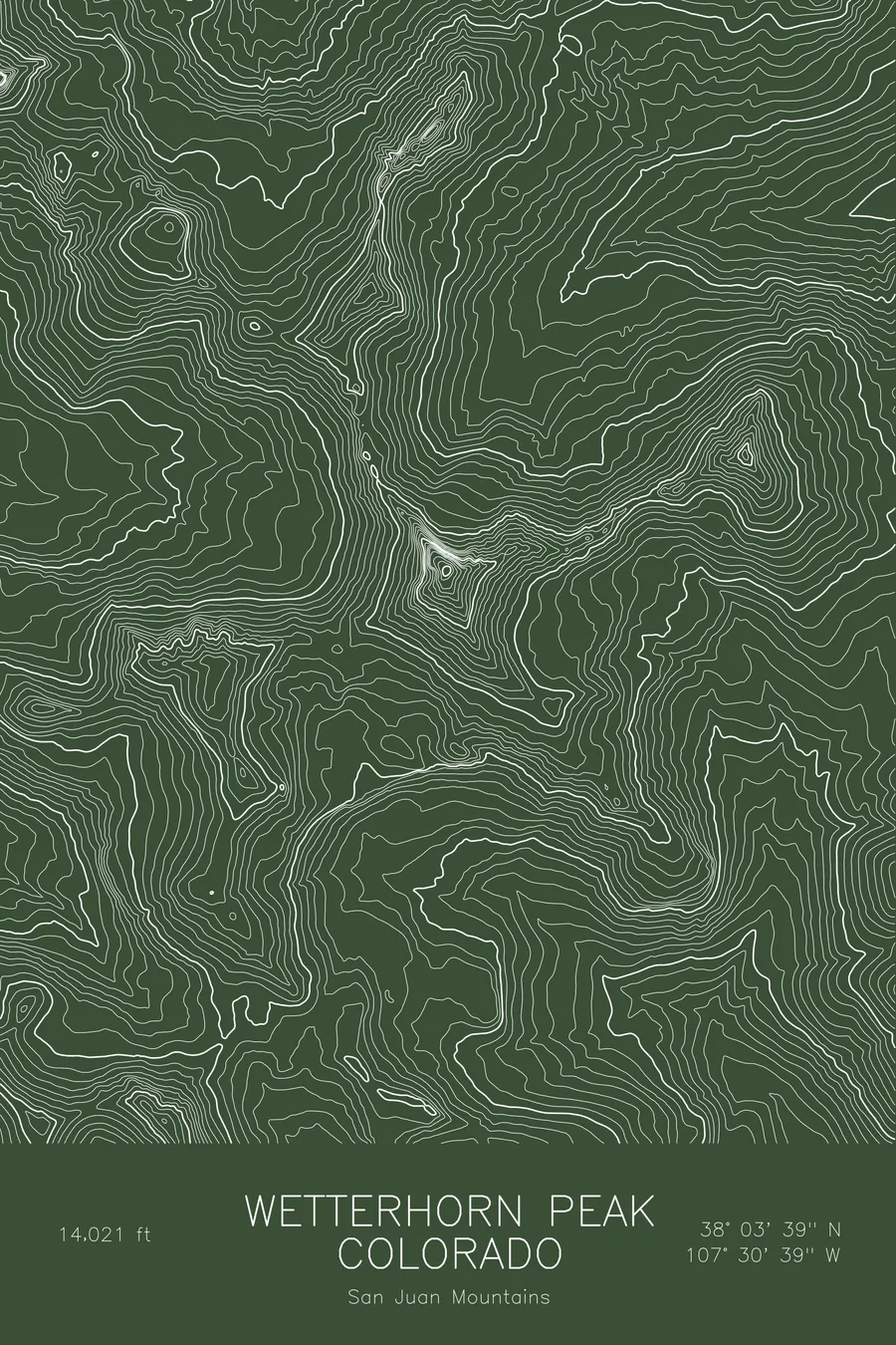 Pen-plotted topographic map of Wetterhorn Peak, Colorado in white ink on green paper