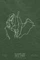 Pen-plotted mountain bike trail map of Sugarloaf Bike Park, Maine in white ink on green paper