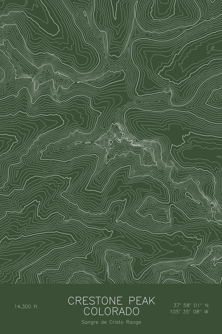 Pen-plotted topographic map of Crestone Peak, Colorado in white ink on green paper