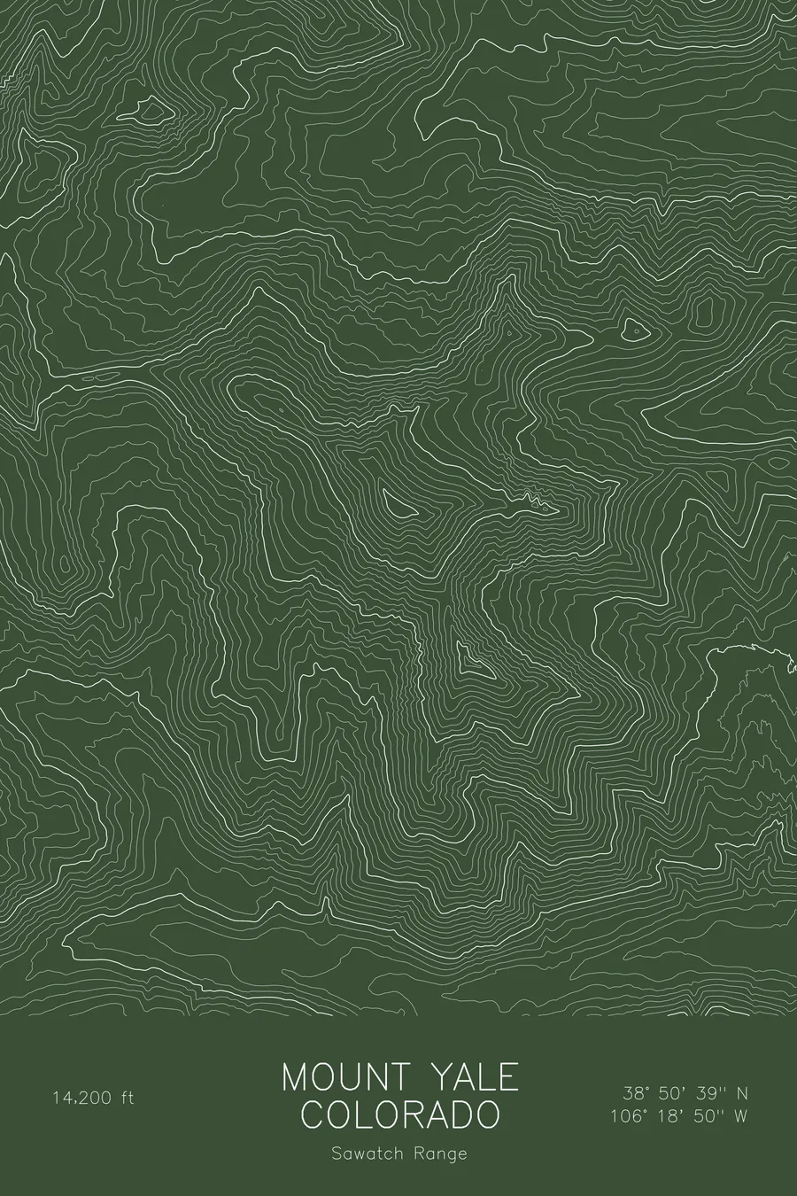 Pen-plotted topographic map of Mount Yale, Colorado in white ink on green paper