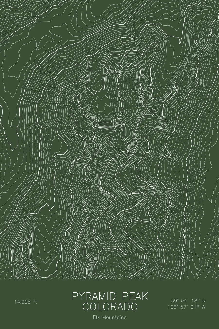 Pen-plotted topographic map of Pyramid Peak, Colorado in white ink on green paper