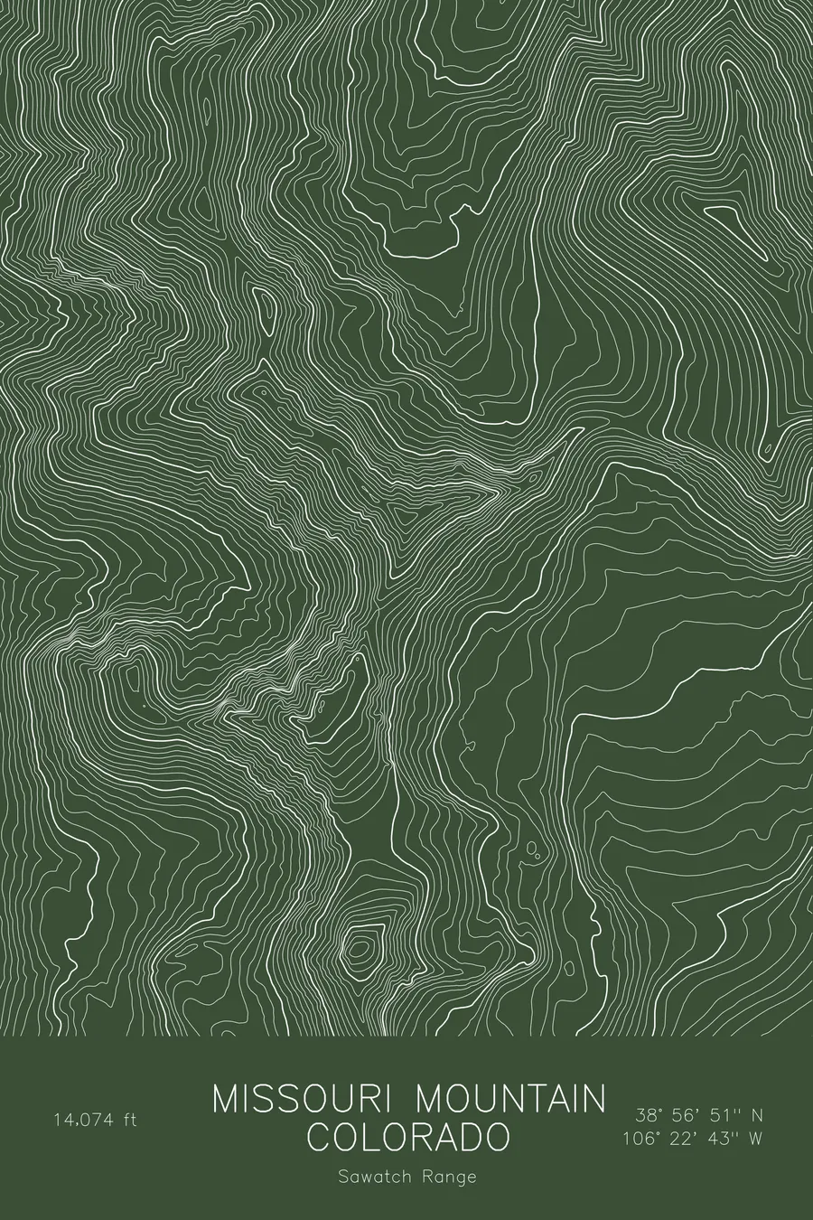 Pen-plotted topographic map of Missouri Mountain, Colorado in white ink on green paper