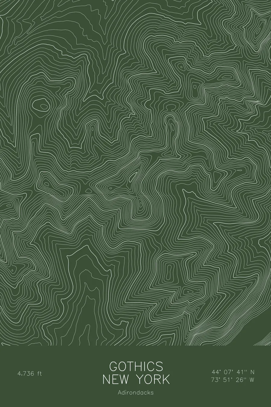Pen-plotted topographic map of Gothics, New York in white ink on green paper