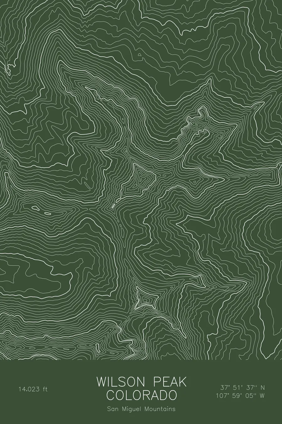 Pen-plotted topographic map of Wilson Peak, Colorado in white ink on green paper