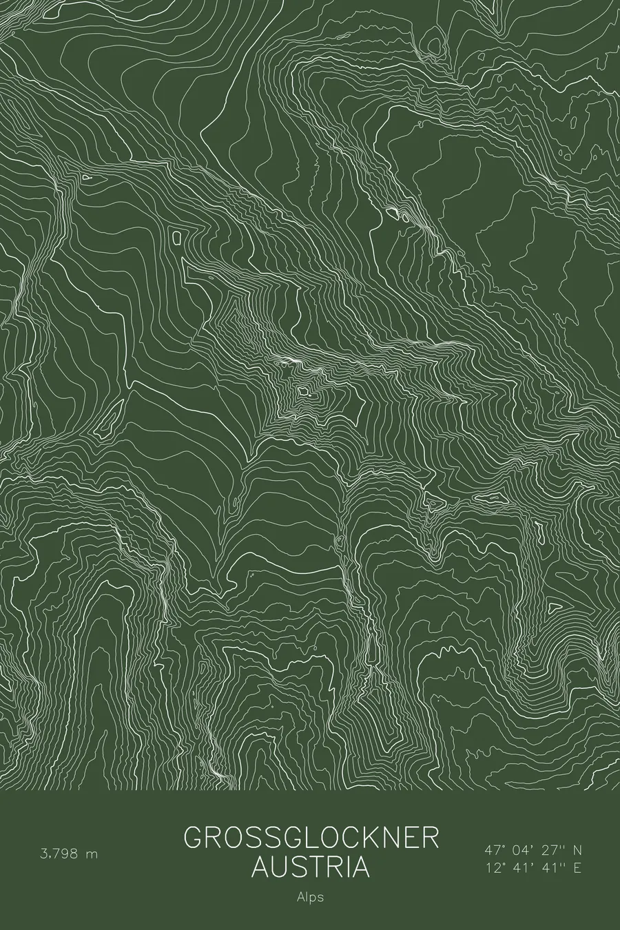 Pen-plotted topographic map of Grossglockner, Austria in white ink on green paper